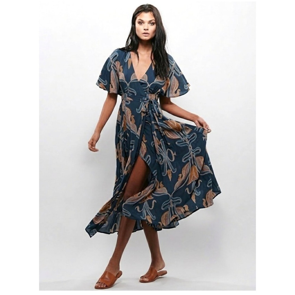 Free People Sweet Escape Maxi Dress Womens Small Floral Flutter Sleeve Wrap